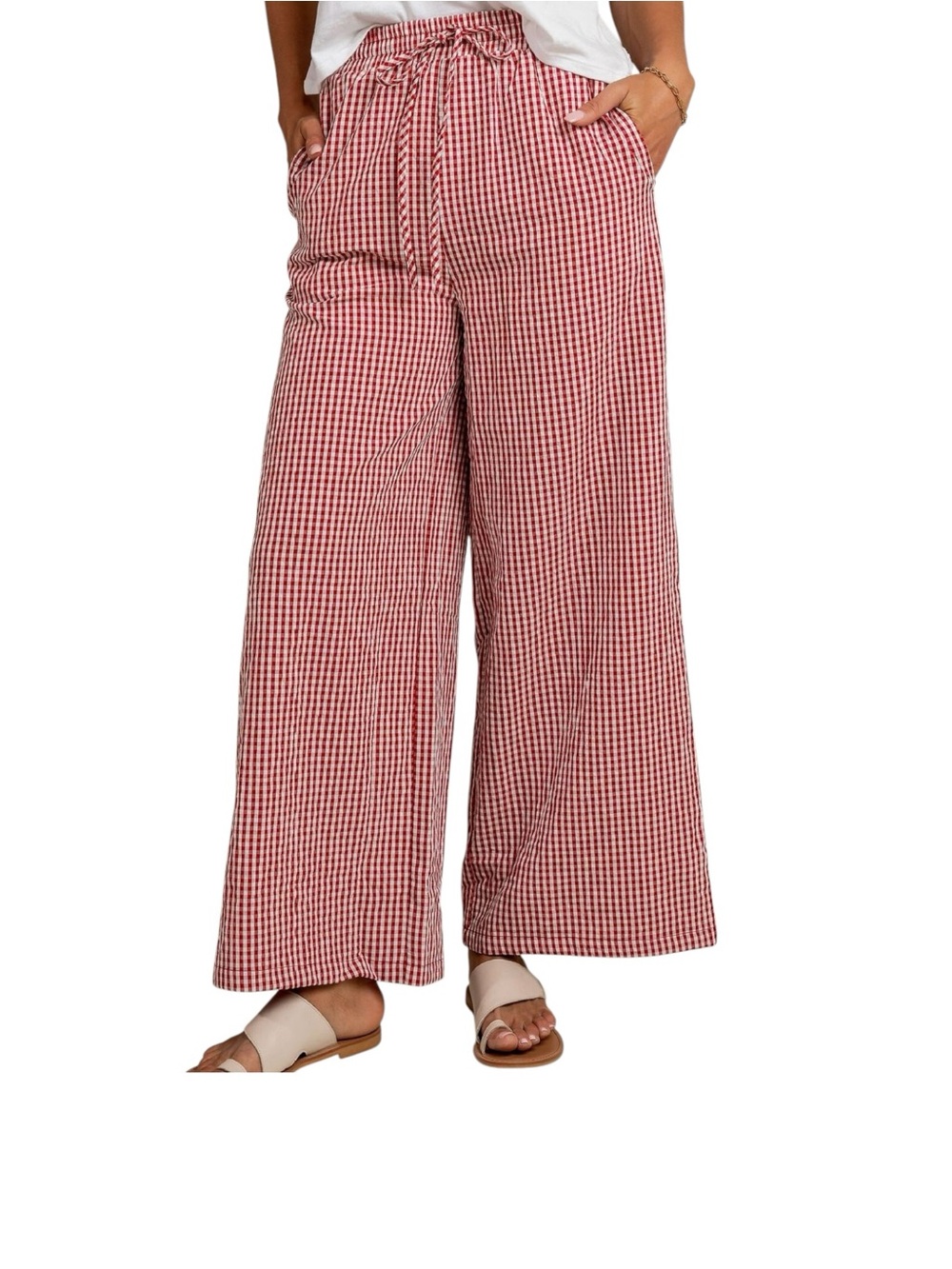 NEW Lovelet Gingham Print Wide Leg Casual Pants Seersucker Summer Flowy Light